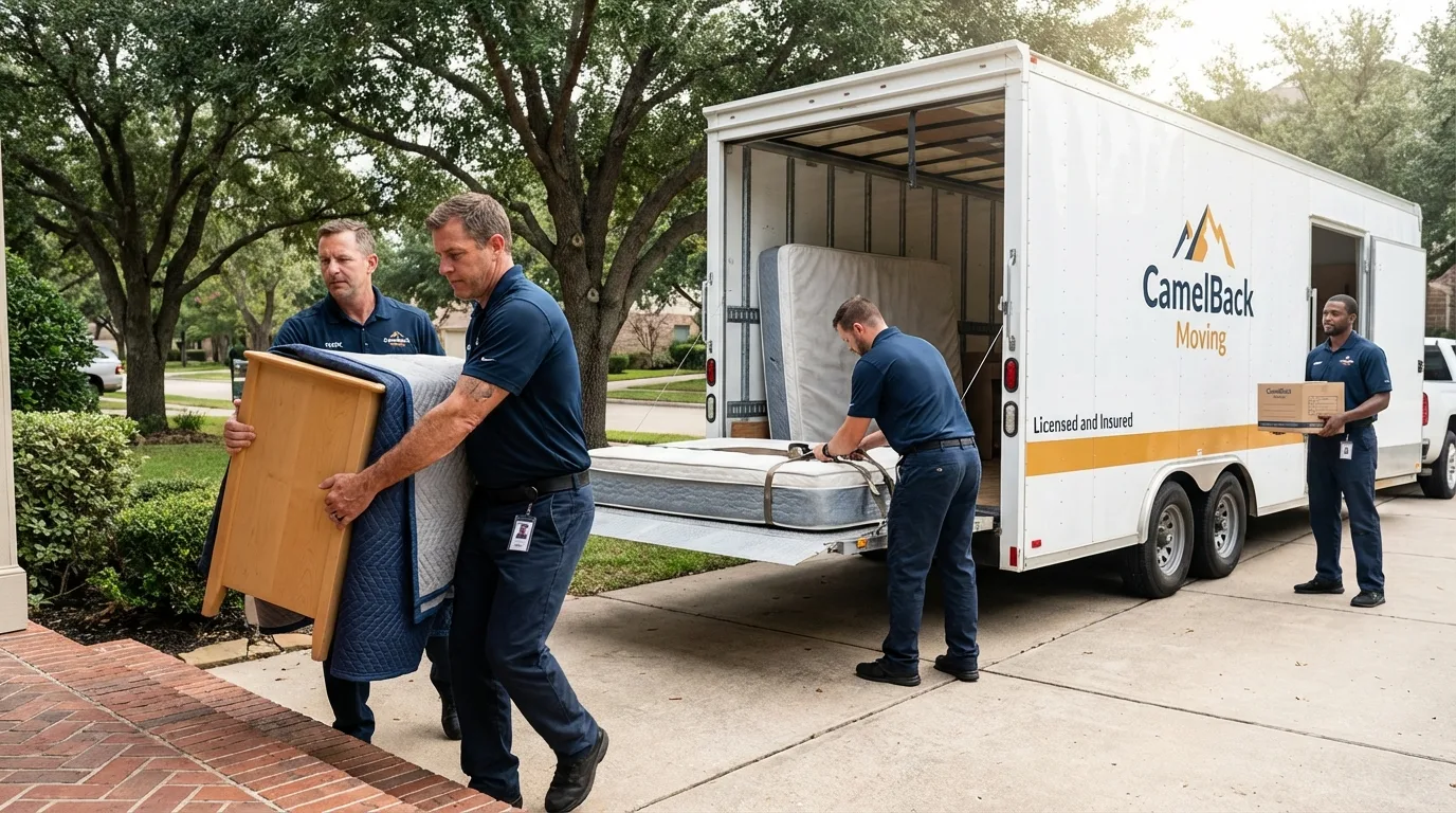Crew loading residential truck for cross-state move from Kerrville, TX