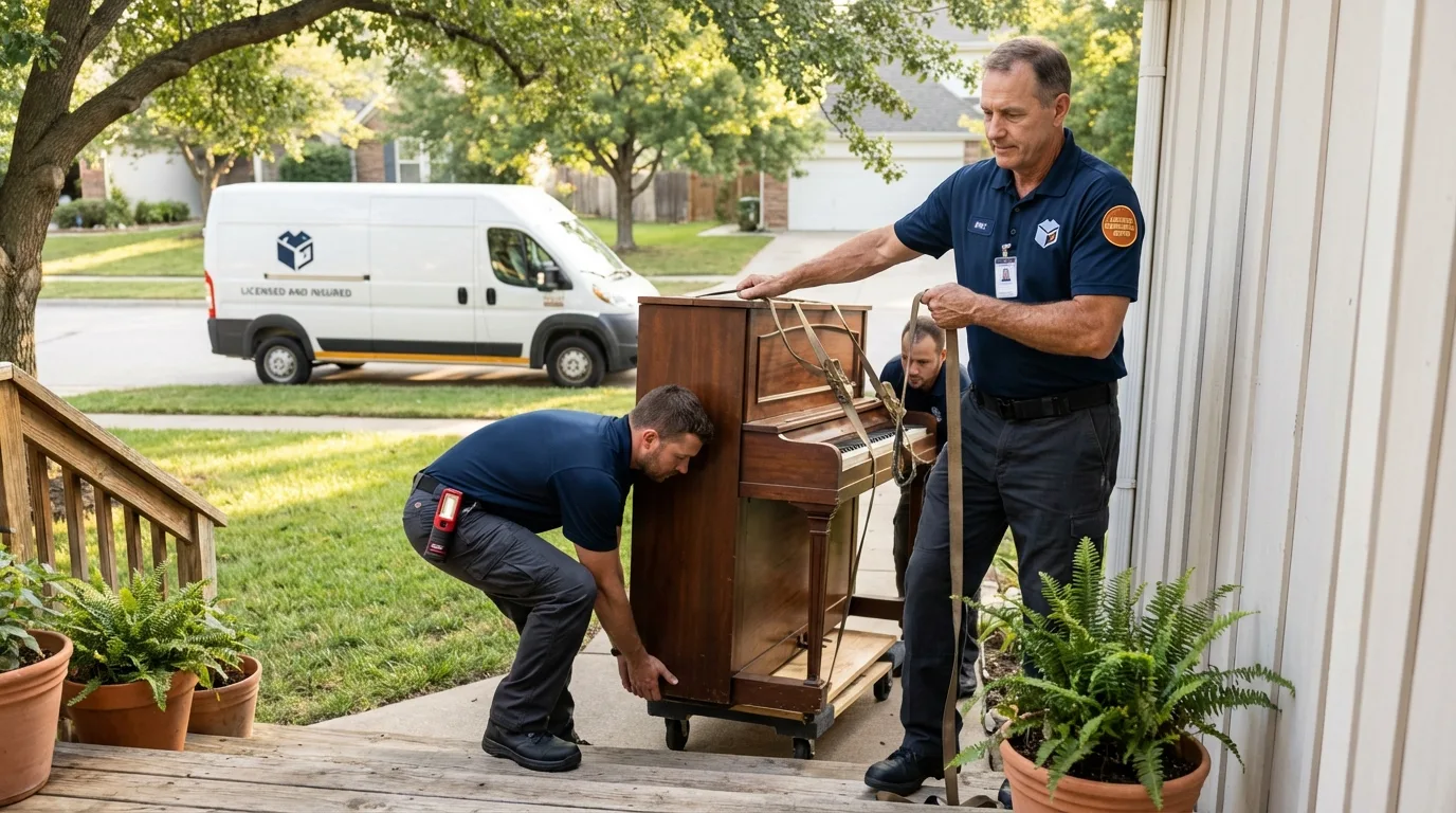 Licensed piano movers securing grand piano in Kerrville, TX