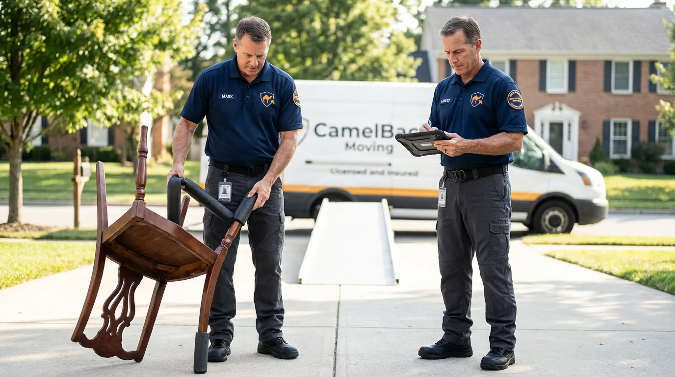Movers inspecting furniture for damage prevention before loading in Kerrville, TX