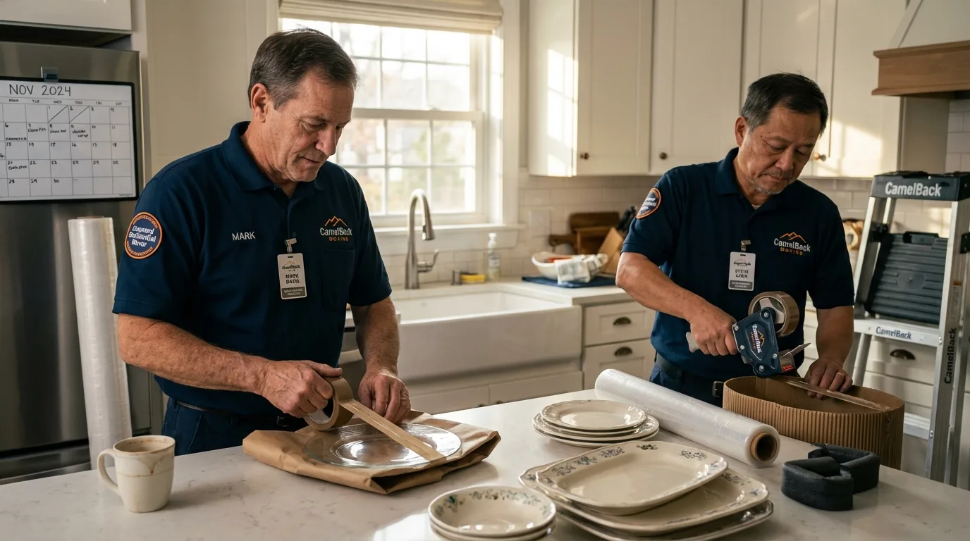 Professional crew packing kitchen dishware in Kerrville, TX
